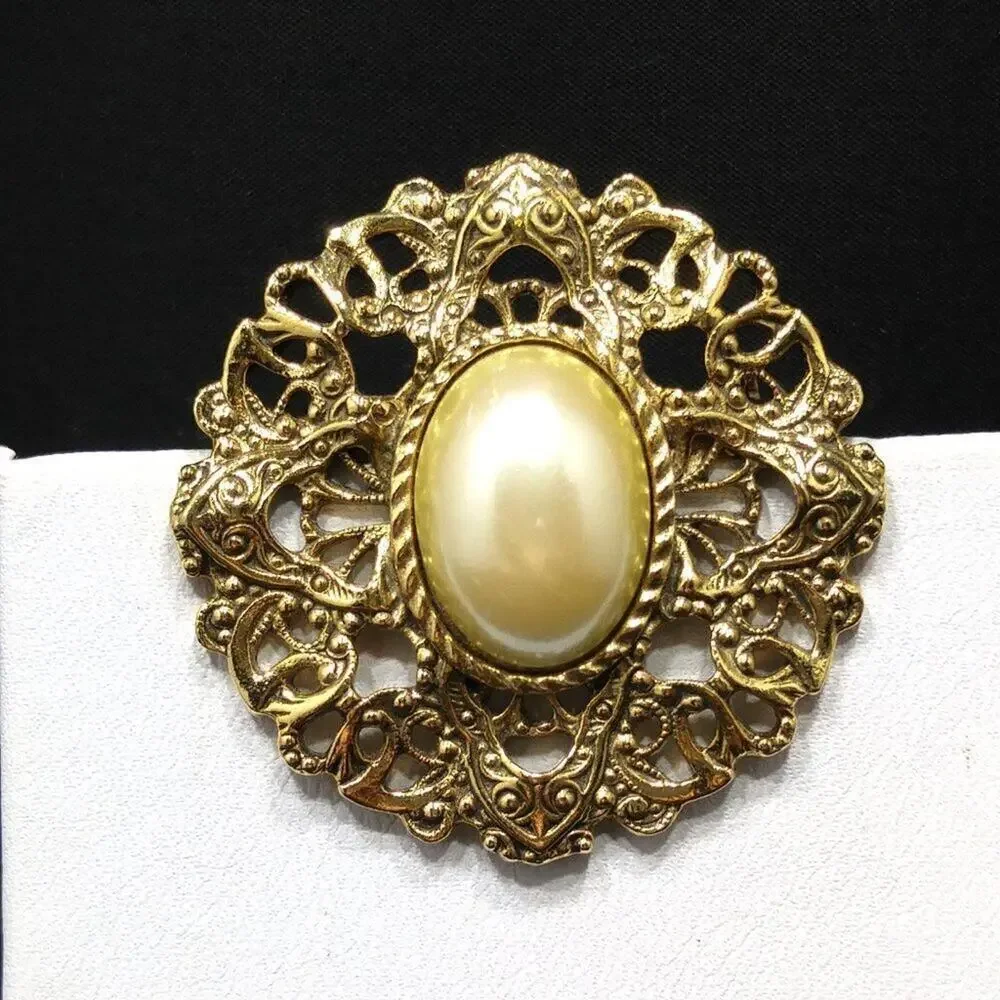 Vintage 1928 Faux Pearl Brooch, Gold Tone Filigree Patterned Back, 1990s, 1 1/2